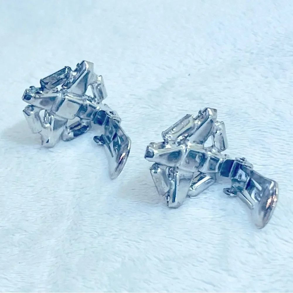 Vtg Weiss Art Deco Revival Clear Rhinestone Clip Earrings MCM Baguettes Signed